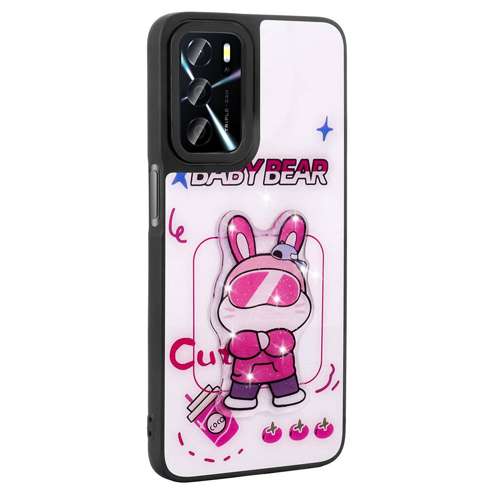 Oppo A55 4G Kılıf Parlayan Kabartmalı İkonik Figürlü Zore Amas Silikon Kapak Siyah