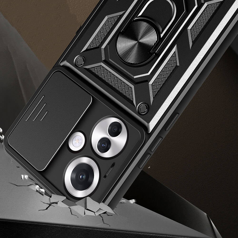 Oppo Reno 11F 5G Kılıf Magnetik Standlı Kamera Korumalı Zore Sürgülü Vega Kapak Siyah