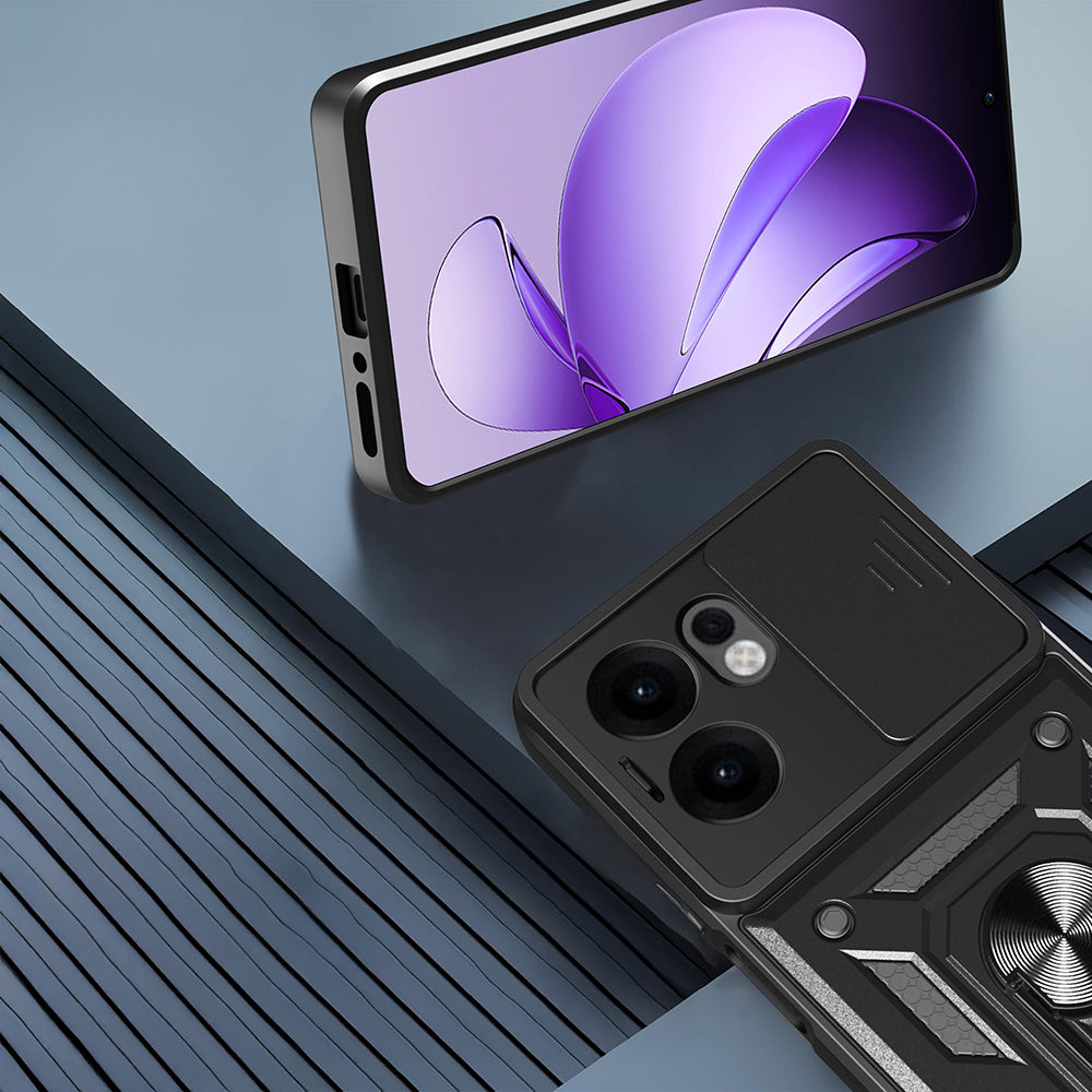 Oppo Reno 13F 5G Kılıf Magnetik Standlı Kamera Korumalı Zore Sürgülü Vega Kapak Mavi