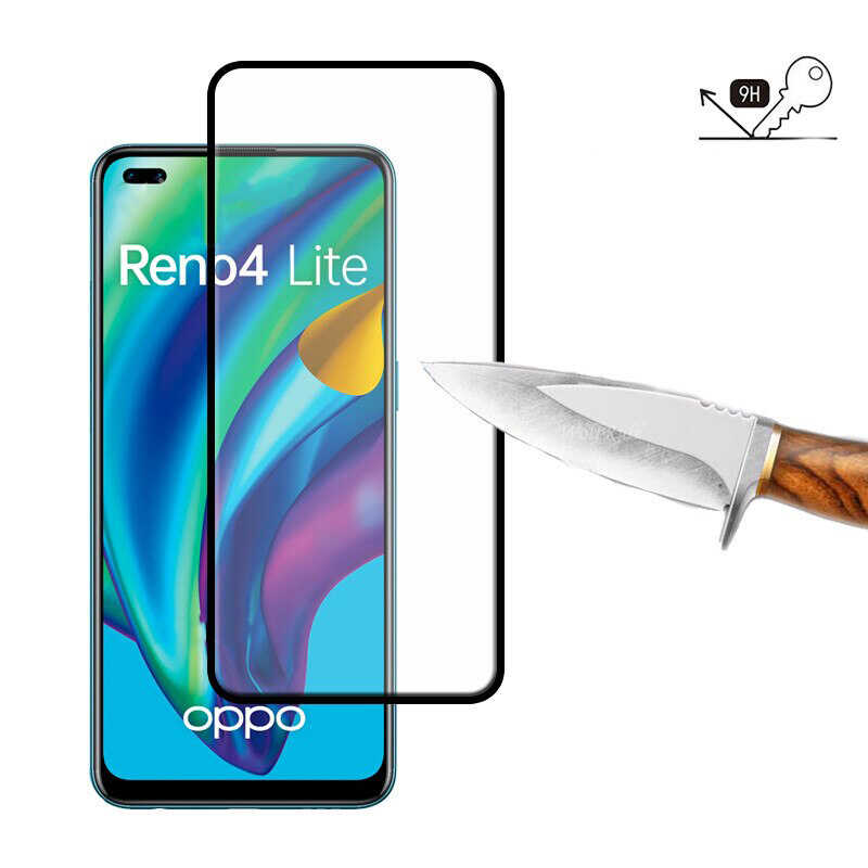 Oppo Reno 4 Lite Zore Kenarları Kırılmaya Dayanıklı Cam Ekran Koruyucu Siyah