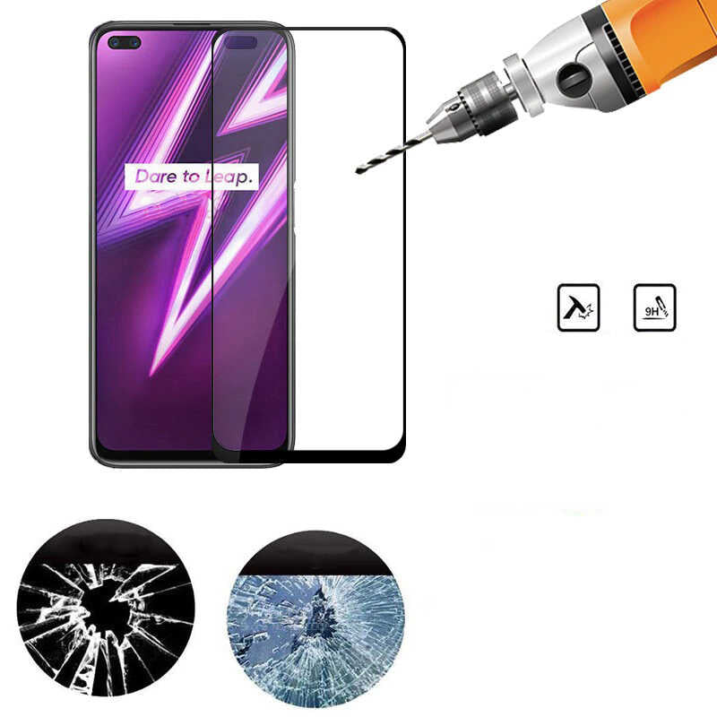 Realme 6 Pro Zore Kenarları Kırılmaya Dayanıklı Cam Ekran Koruyucu Siyah