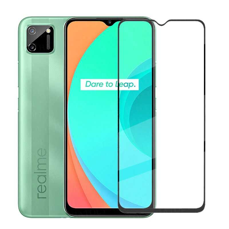 Realme C15 Zore Kenarları Kırılmaya Dayanıklı Cam Ekran Koruyucu Siyah