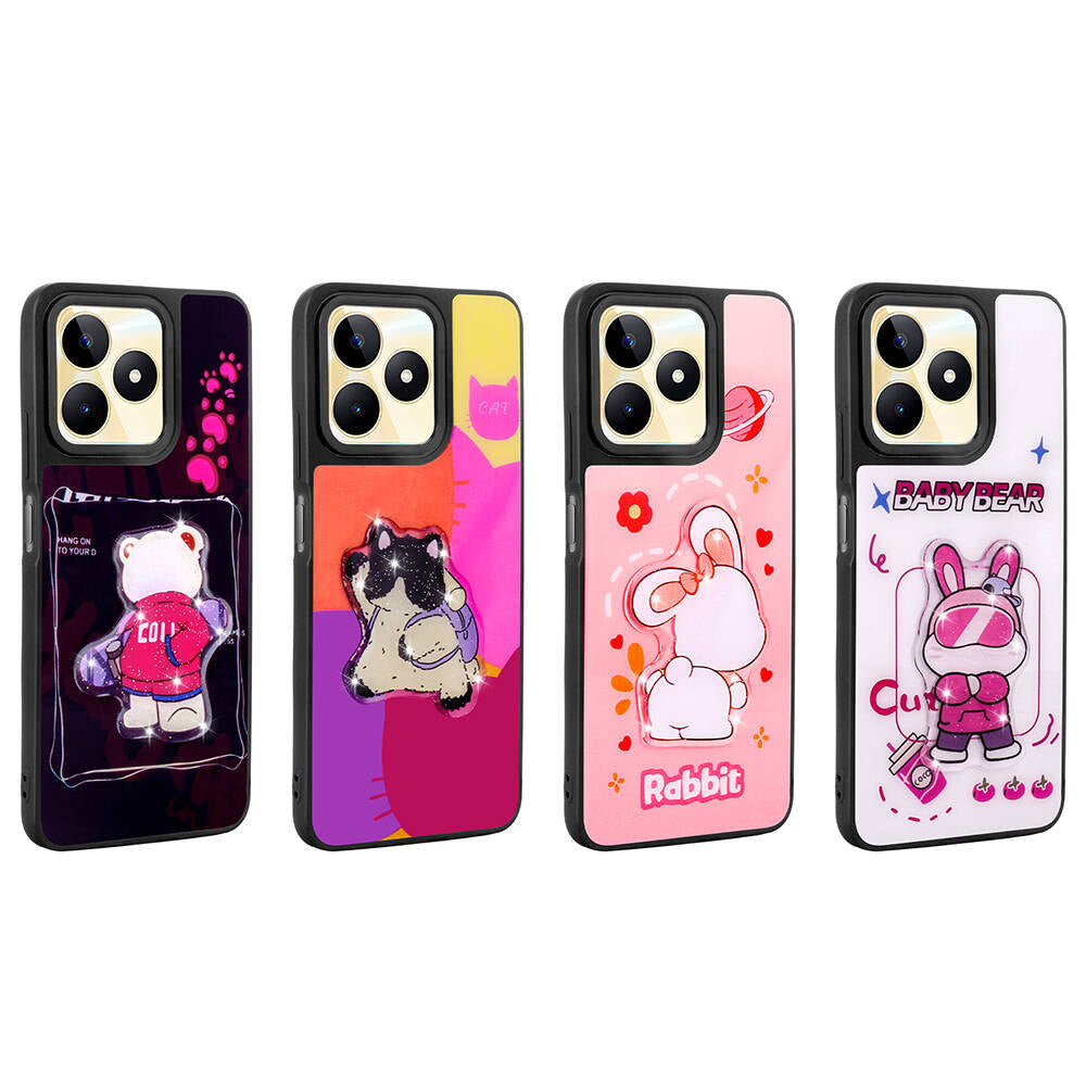 Realme C55 Kılıf Parlayan Kabartmalı İkonik Figürlü Zore Amas Silikon Kapak Siyah