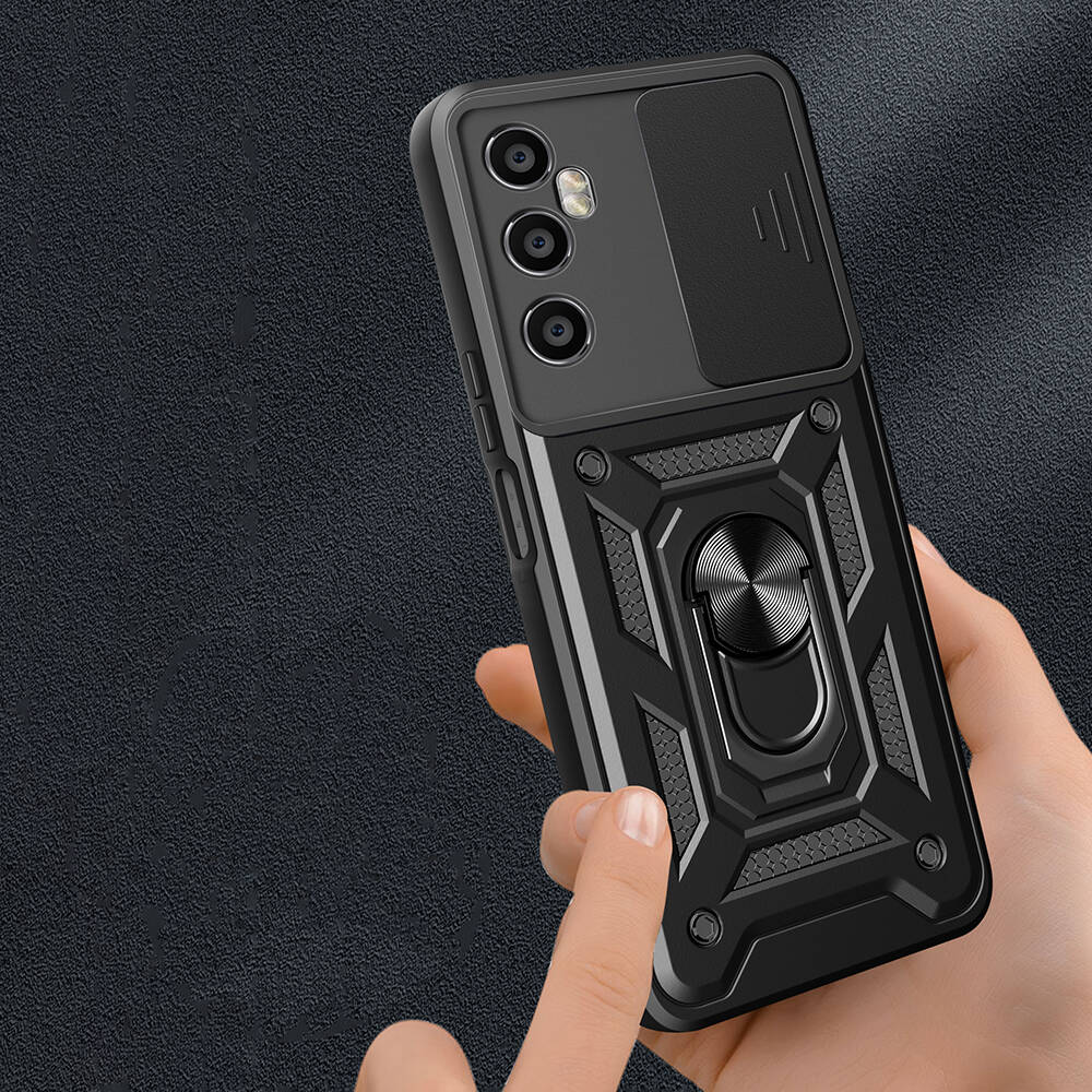 Realme C65 4G Kılıf Magnetik Standlı Kamera Korumalı Zore Sürgülü Vega Kapak Mavi