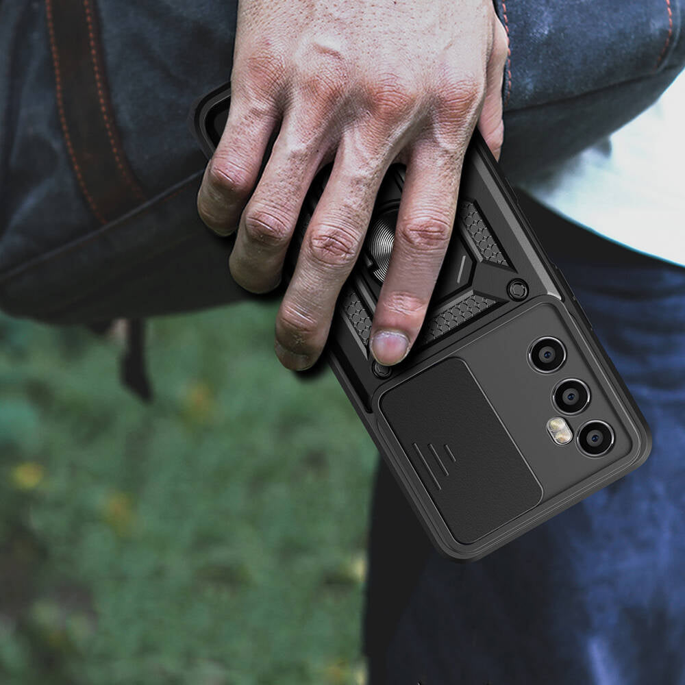 Realme C65 4G Kılıf Magnetik Standlı Kamera Korumalı Zore Sürgülü Vega Kapak Mavi