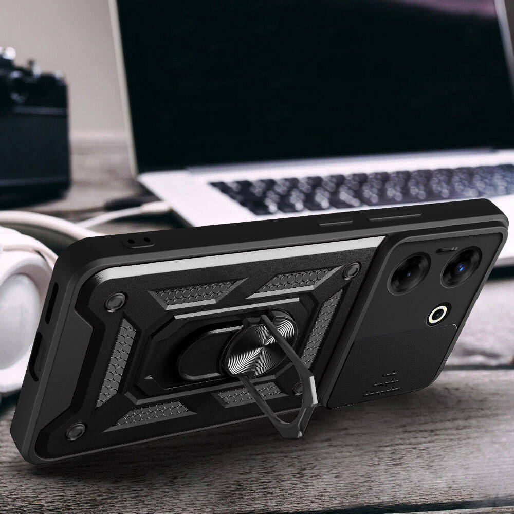 Tecno Camon 20 Kılıf Magnetik Standlı Kamera Korumalı Zore Sürgülü Vega Kapak Siyah