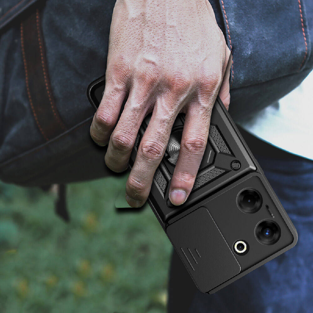Tecno Camon 20 Pro 4G Kılıf Magnetik Standlı Kamera Korumalı Zore Sürgülü Vega Kapak Mavi