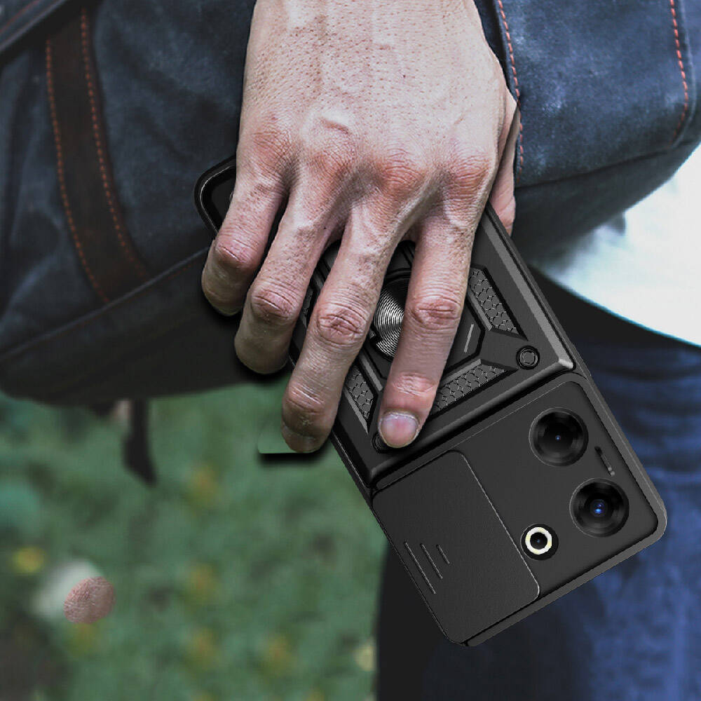 Tecno Camon 20 Pro 5G Kılıf Magnetik Standlı Kamera Korumalı Zore Sürgülü Vega Kapak Mavi