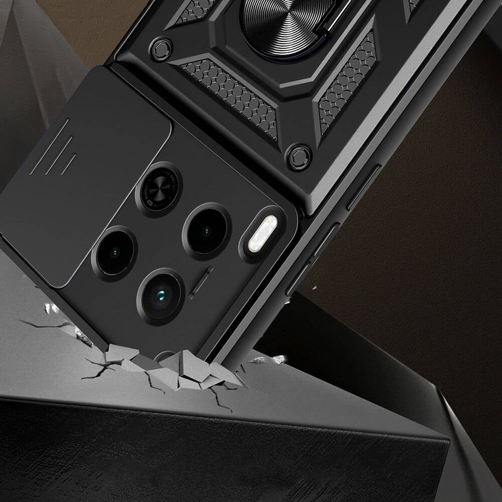 Tecno Camon 30 Kılıf Magnetik Standlı Kamera Korumalı Zore Sürgülü Vega Kapak Mavi