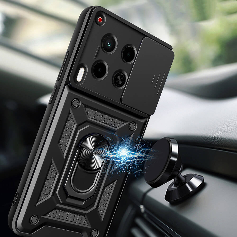 Tecno Camon 30 Kılıf Magnetik Standlı Kamera Korumalı Zore Sürgülü Vega Kapak Mavi