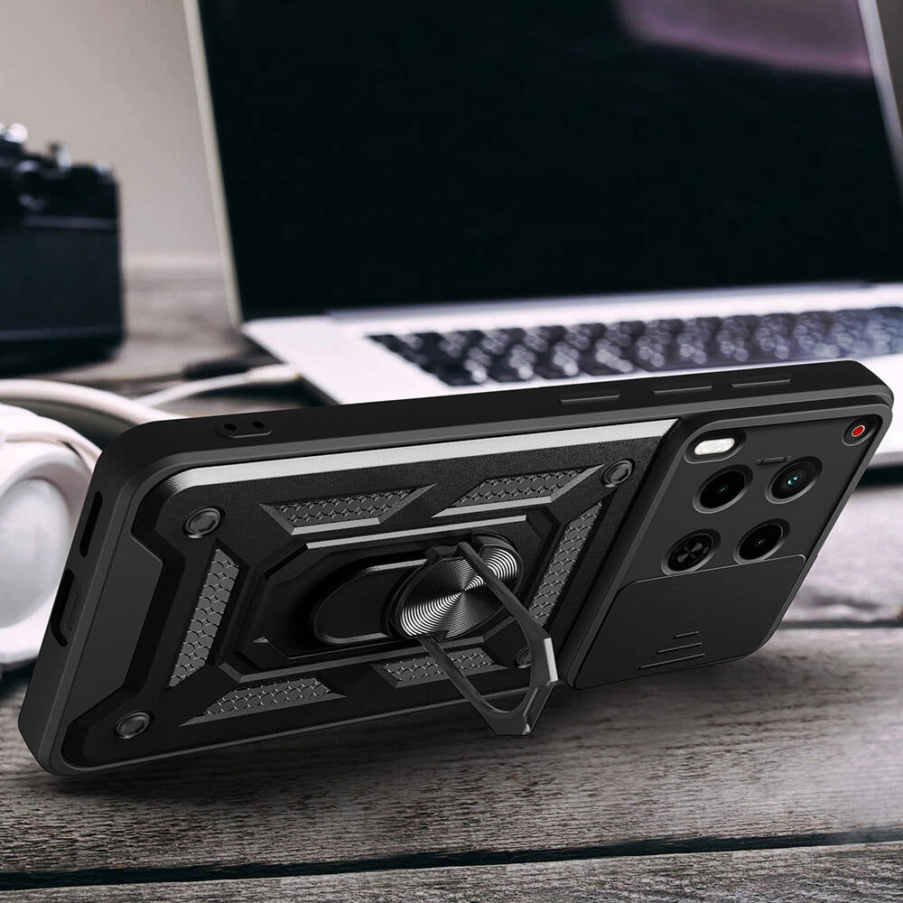 Tecno Camon 30 Kılıf Magnetik Standlı Kamera Korumalı Zore Sürgülü Vega Kapak Mavi