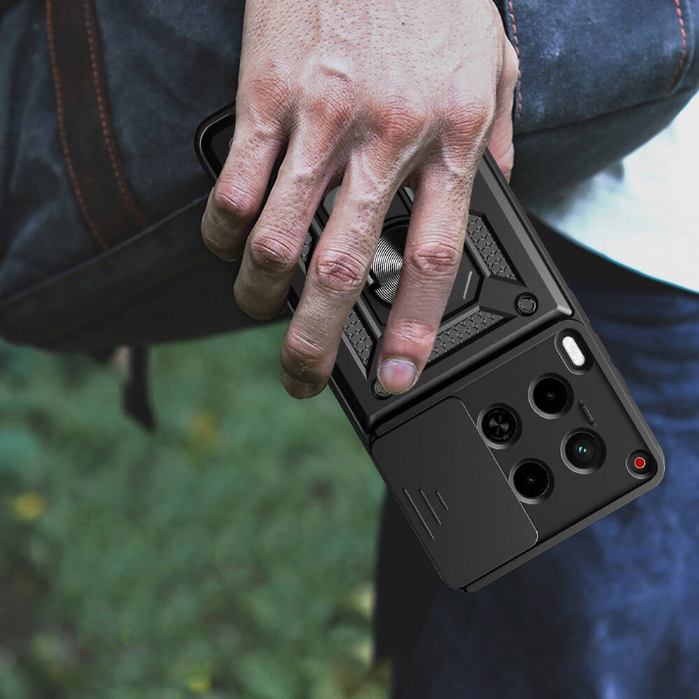 Tecno Camon 30 Kılıf Magnetik Standlı Kamera Korumalı Zore Sürgülü Vega Kapak Mavi