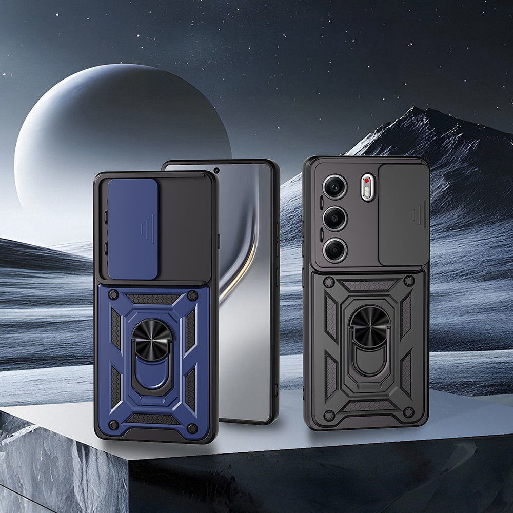 Tecno Camon 40 4G Kılıf Magnetik Standlı Kamera Korumalı Zore Sürgülü Vega Kapak Mavi
