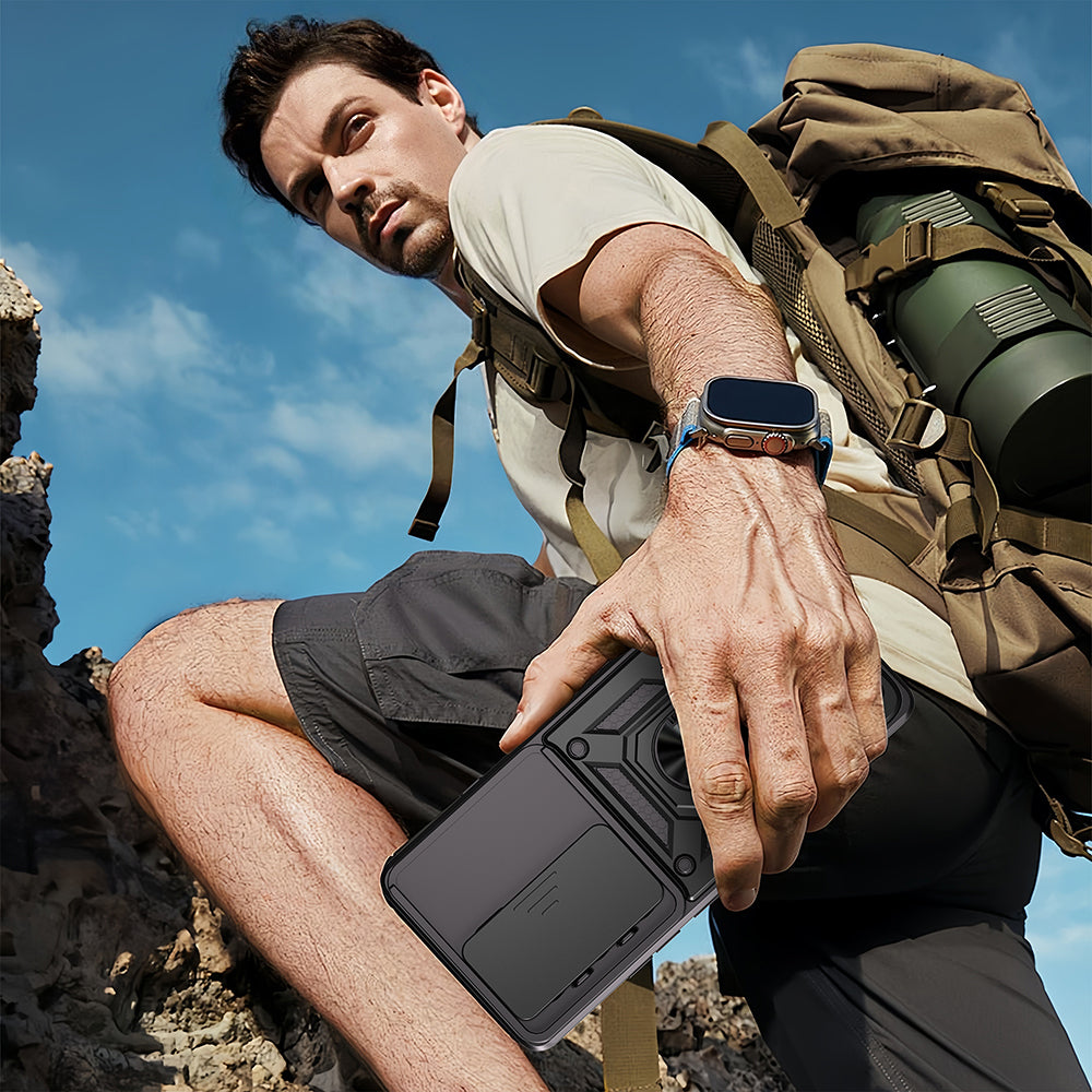 Tecno Camon 40 4G Kılıf Magnetik Standlı Kamera Korumalı Zore Sürgülü Vega Kapak Mavi