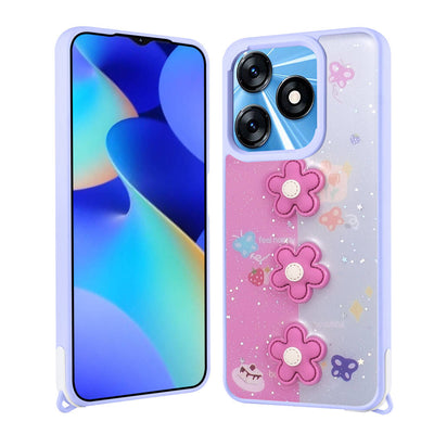Tecno Spark 10 4G Kılıf Parlayan Simli Kabartma Figürlü Zore Cevze Kapak Pembe