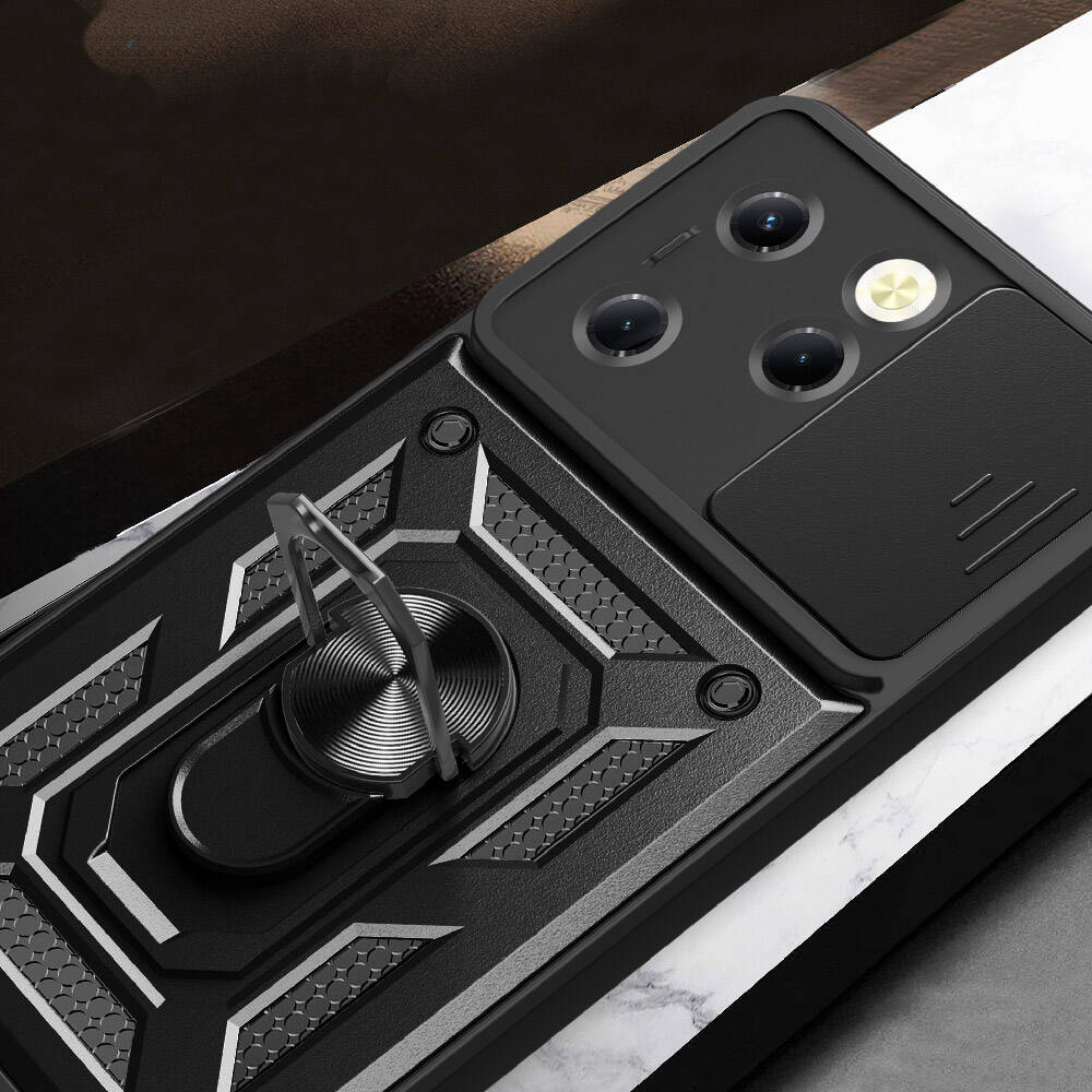 Tecno Spark 20 Pro 4G Kılıf Magnetik Standlı Kamera Korumalı Zore Sürgülü Vega Kapak Siyah