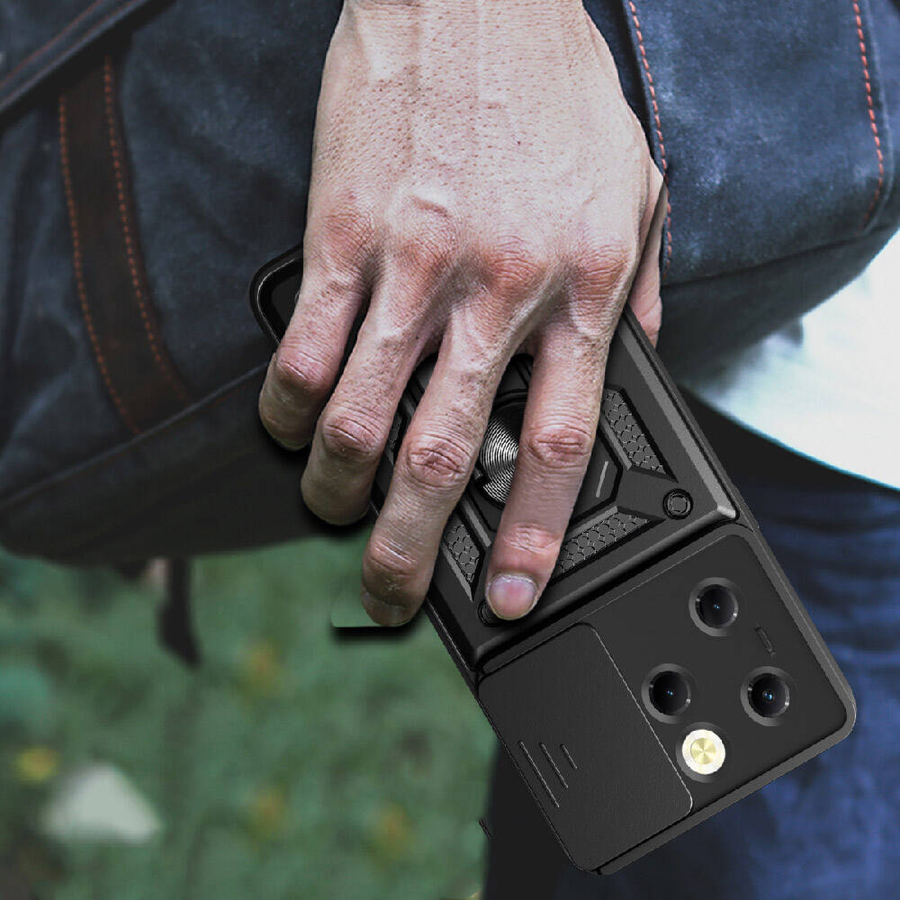 Tecno Spark 20 Pro 4G Kılıf Magnetik Standlı Kamera Korumalı Zore Sürgülü Vega Kapak Siyah