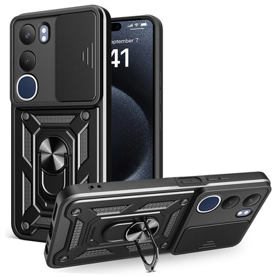 Vivo Y19S Kılıf Magnetik Standlı Kamera Korumalı Zore Sürgülü Vega Kapak Mavi