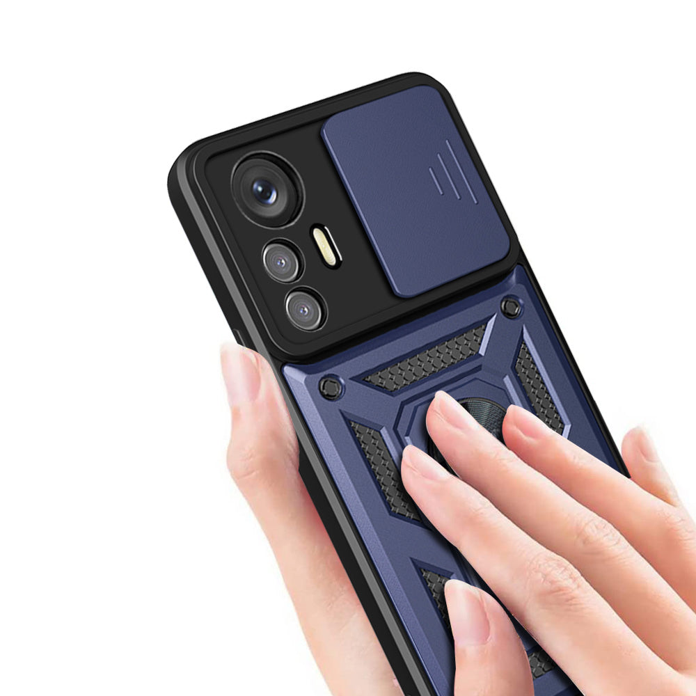 Xiaomi Mi 12 Lite Kılıf Magnetik Standlı Kamera Korumalı Zore Sürgülü Vega Kapak Mavi