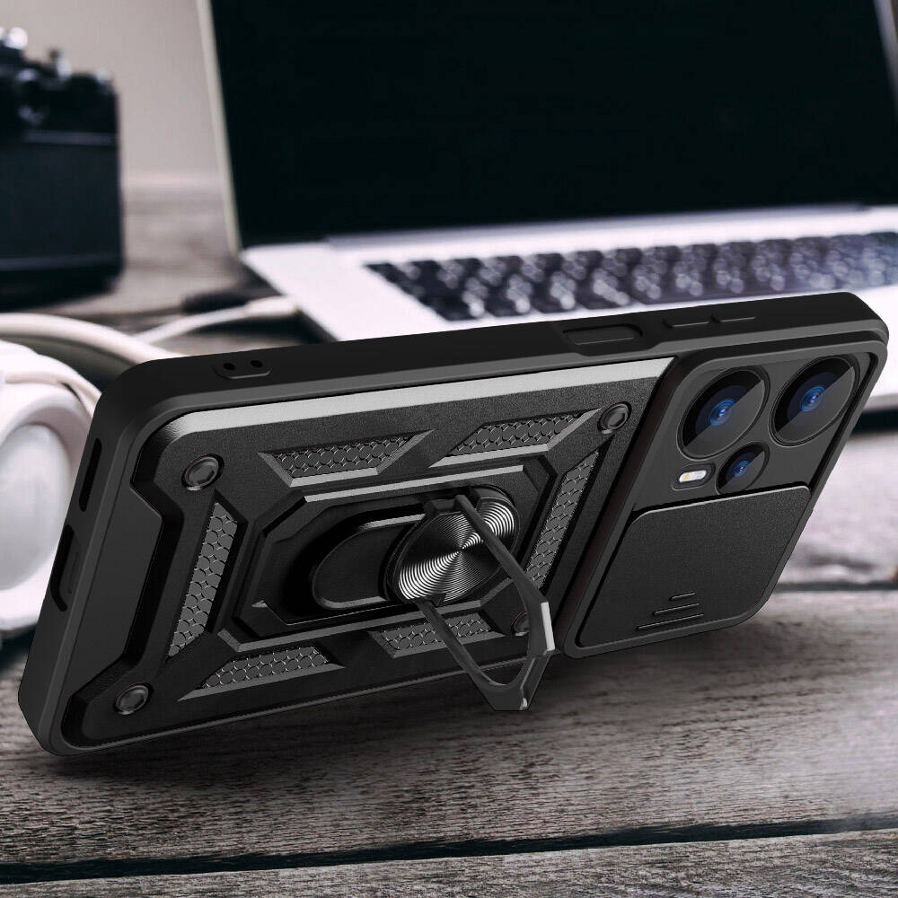 Xiaomi Poco F5 Kılıf Magnetik Standlı Kamera Korumalı Zore Sürgülü Vega Kapak Mavi