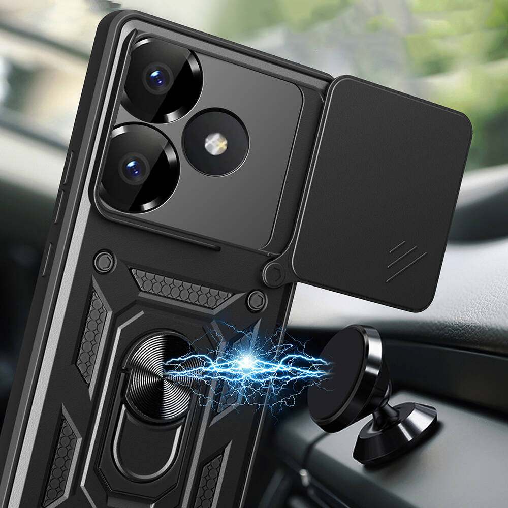Xiaomi Poco F6 Kılıf Magnetik Standlı Kamera Korumalı Zore Sürgülü Vega Kapak Mavi