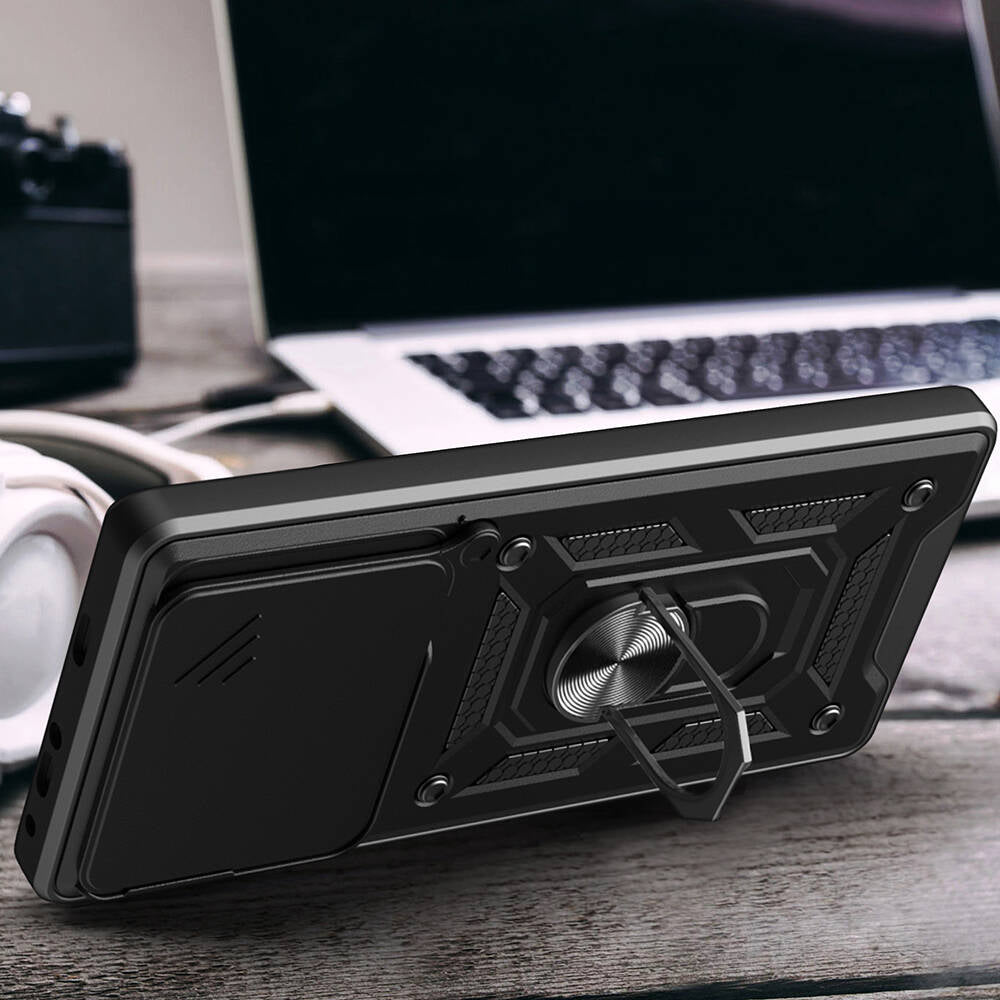 Xiaomi Poco F6 Kılıf Magnetik Standlı Kamera Korumalı Zore Sürgülü Vega Kapak Siyah