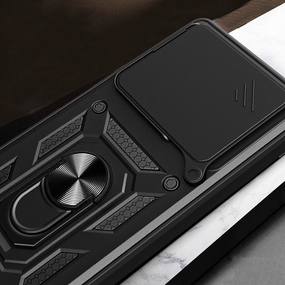 Xiaomi Poco F6 Kılıf Magnetik Standlı Kamera Korumalı Zore Sürgülü Vega Kapak Mavi