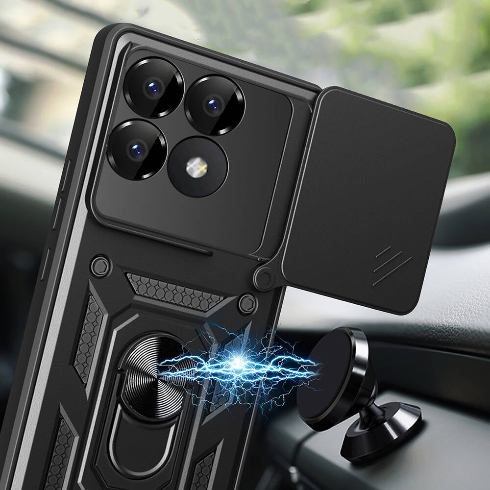 Xiaomi Poco F6 Pro Kılıf Magnetik Standlı Kamera Korumalı Zore Sürgülü Vega Kapak Siyah