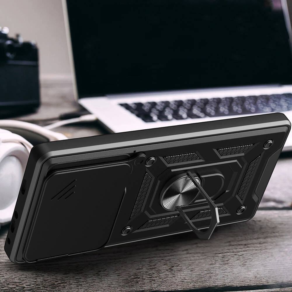 Xiaomi Poco F6 Pro Kılıf Magnetik Standlı Kamera Korumalı Zore Sürgülü Vega Kapak Siyah