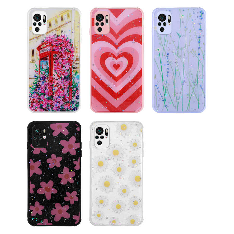 Xiaomi Poco M5S Kılıf Simli Desenli Kamera Korumalı Parlak Zore Popy Kapak Kalp