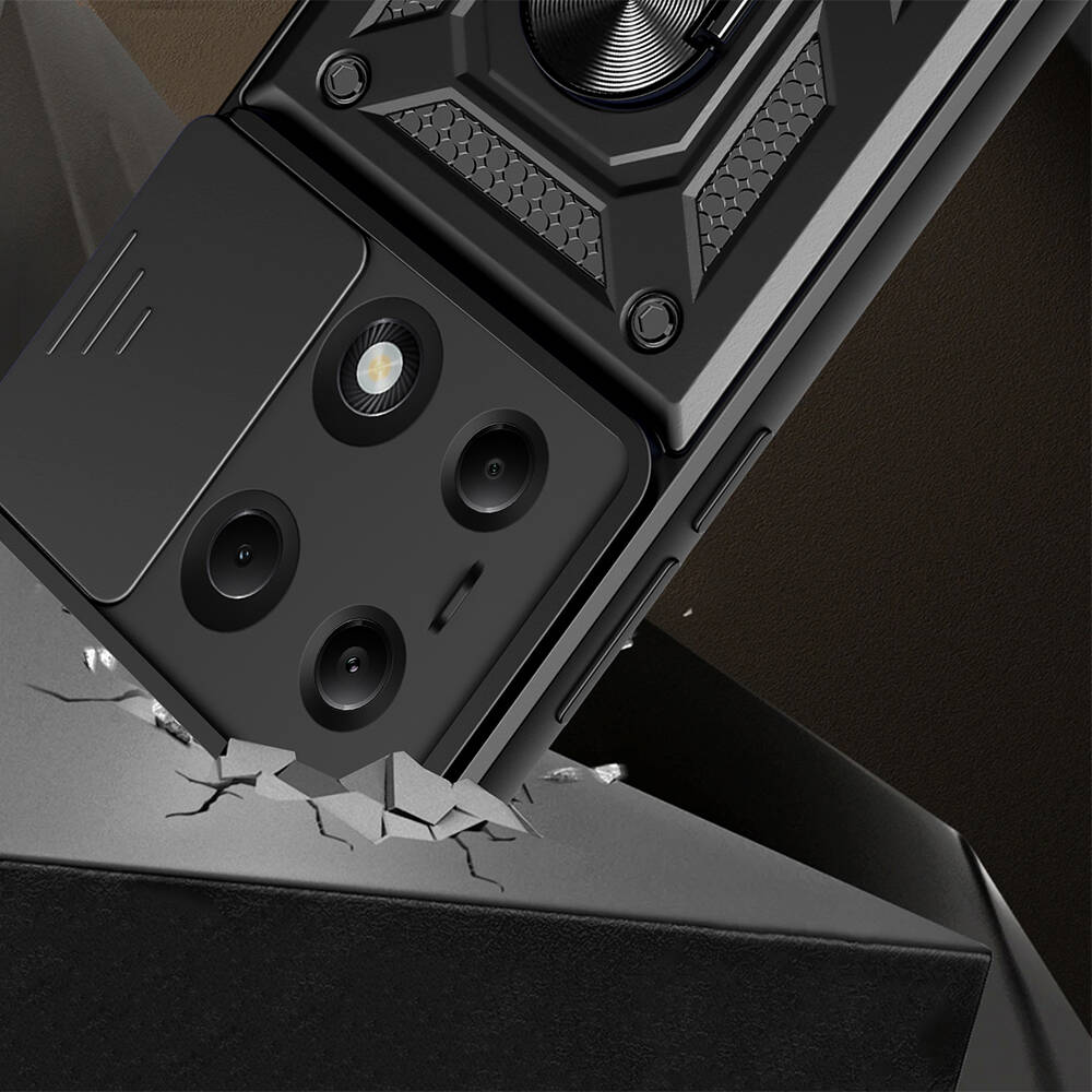 Xiaomi Poco M6 Pro 4G Kılıf Magnetik Standlı Kamera Korumalı Zore Sürgülü Vega Kapak Mavi