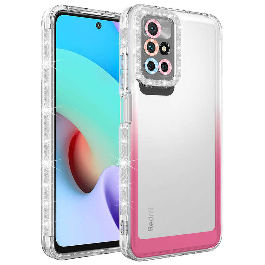 Xiaomi Redmi 10 Kılıf Simli ve Renk Geçiş Tasarımlı Lens Korumalı Zore Park Kapak Beyaz-Pembe