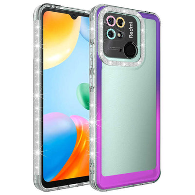 Xiaomi Redmi 10C Kılıf Simli ve Renk Geçiş Tasarımlı Lens Korumalı Zore Park Kapak Mor-Pembe