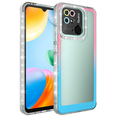 Xiaomi Redmi 10C Kılıf Simli ve Renk Geçiş Tasarımlı Lens Korumalı Zore Park Kapak Pembe-Mavi