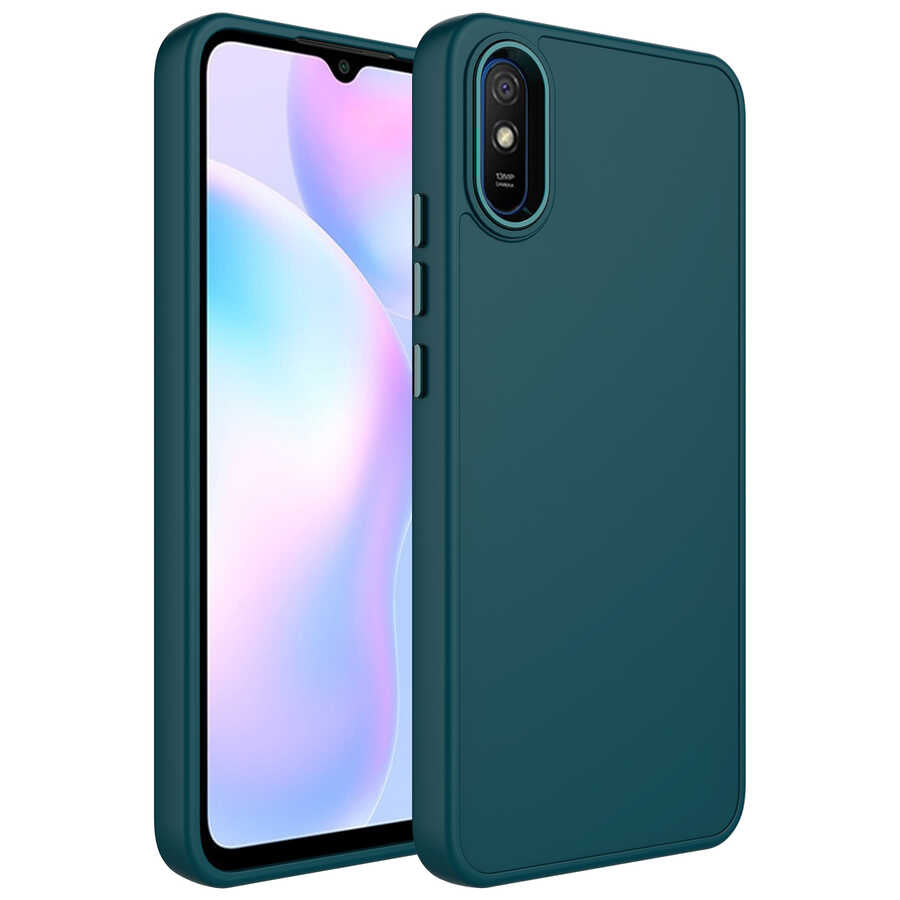 Xiaomi Redmi 9A Kılıf Metal Çerçeve ve Buton Tasarımlı Silikon Zore Luna Kapak Lacivert