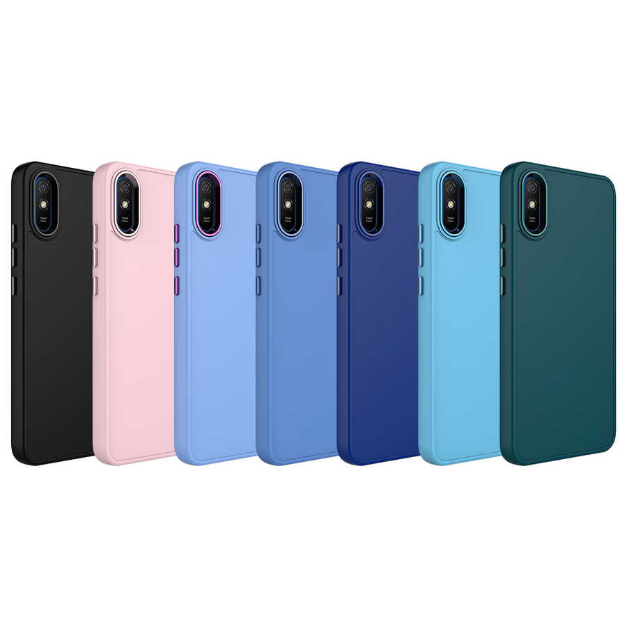 Xiaomi Redmi 9A Kılıf Metal Çerçeve ve Buton Tasarımlı Silikon Zore Luna Kapak Lila