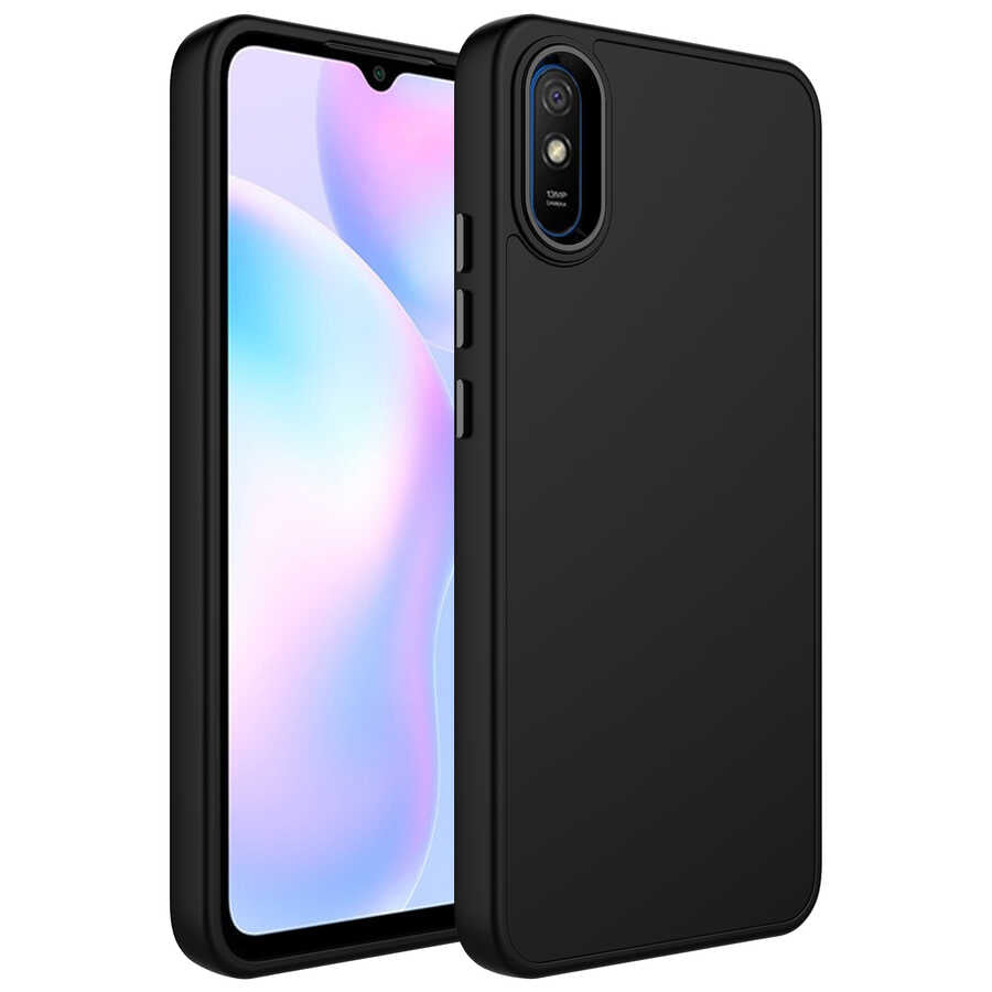 Xiaomi Redmi 9A Kılıf Metal Çerçeve ve Buton Tasarımlı Silikon Zore Luna Kapak Siyah