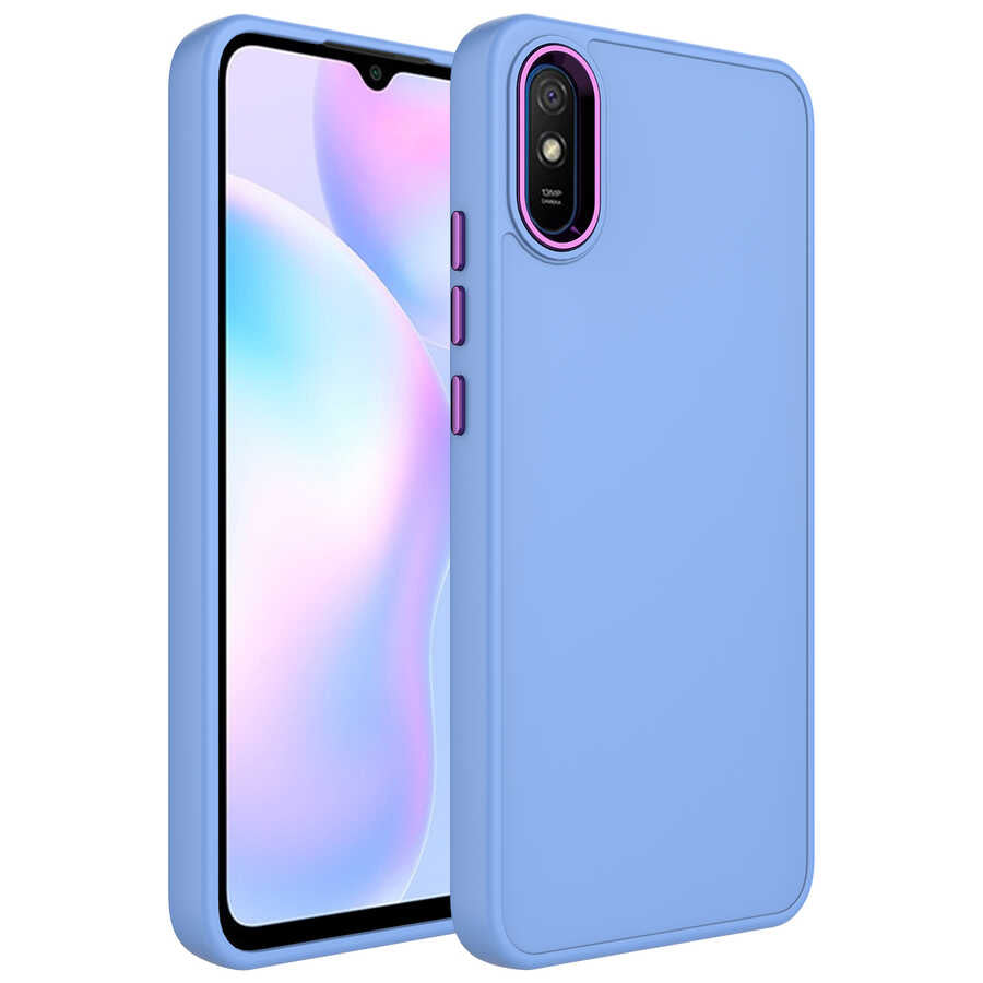 Xiaomi Redmi 9A Kılıf Metal Çerçeve ve Buton Tasarımlı Silikon Zore Luna Kapak Lila