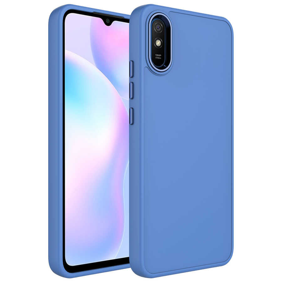 Xiaomi Redmi 9A Kılıf Metal Çerçeve ve Buton Tasarımlı Silikon Zore Luna Kapak Lavendery Gray