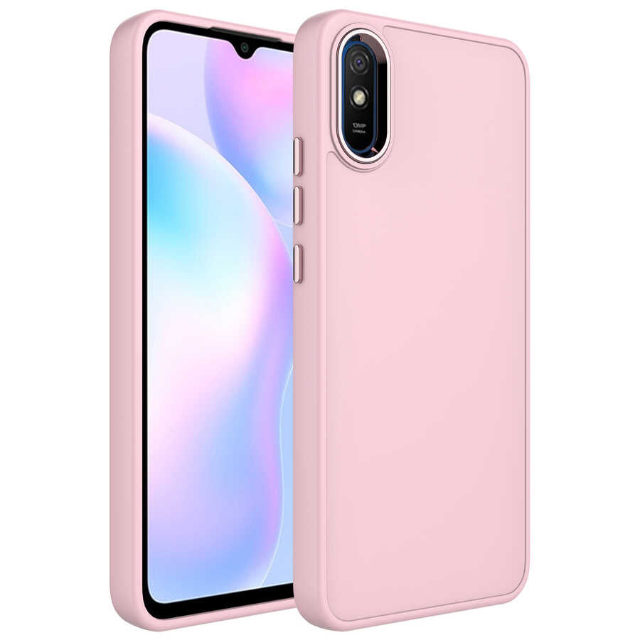 Xiaomi Redmi 9A Kılıf Metal Çerçeve ve Buton Tasarımlı Silikon Zore Luna Kapak Pembe