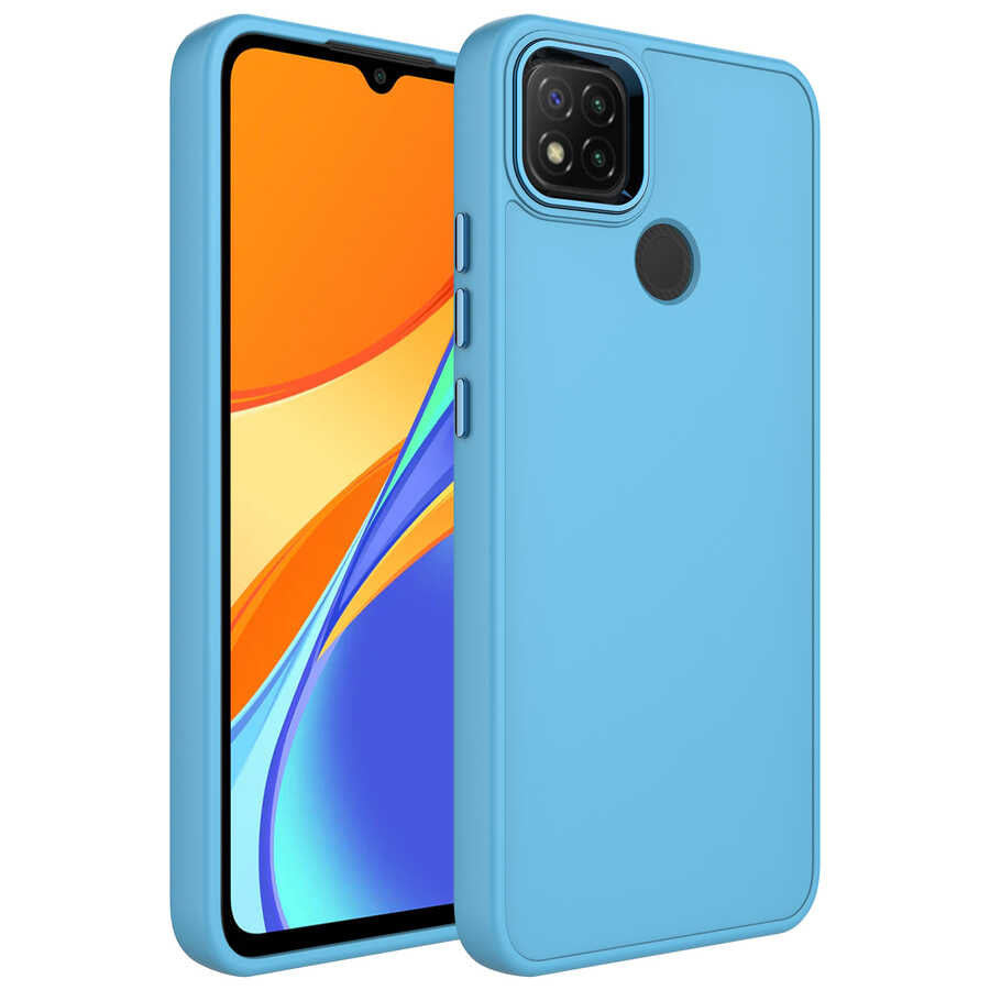 Xiaomi Redmi 9C Kılıf Metal Çerçeve ve Buton Tasarımlı Silikon Zore Luna Kapak Sierra Mavi