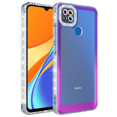 Xiaomi Redmi 9C Kılıf Simli ve Renk Geçiş Tasarımlı Lens Korumalı Zore Park Kapak Mor-Pembe