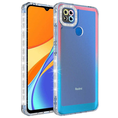 Xiaomi Redmi 9C Kılıf Simli ve Renk Geçiş Tasarımlı Lens Korumalı Zore Park Kapak Pembe-Mavi