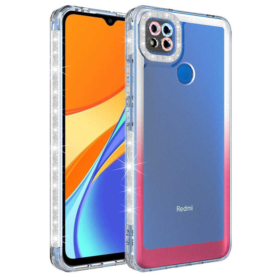Xiaomi Redmi 9C Kılıf Simli ve Renk Geçiş Tasarımlı Lens Korumalı Zore Park Kapak Beyaz-Pembe