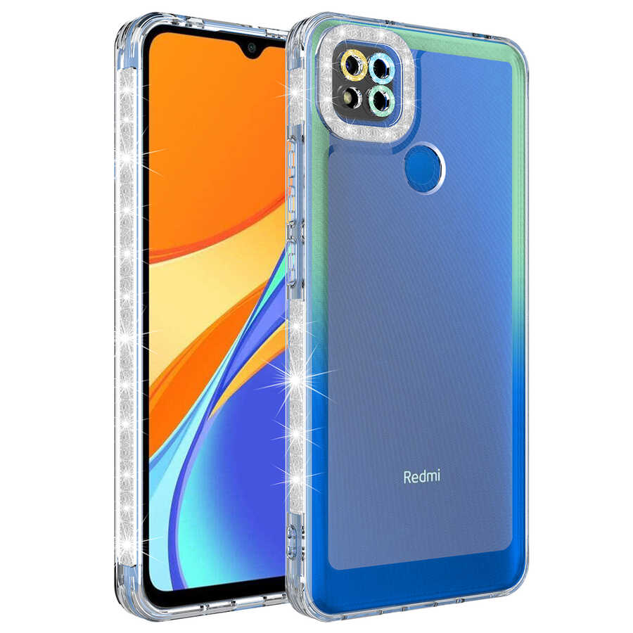 Xiaomi Redmi 9C Kılıf Simli ve Renk Geçiş Tasarımlı Lens Korumalı Zore Park Kapak Yeşil-Mavi