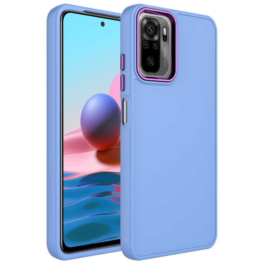Xiaomi Redmi Note 10 Kılıf Metal Çerçeve ve Buton Tasarımlı Silikon Zore Luna Kapak Lila