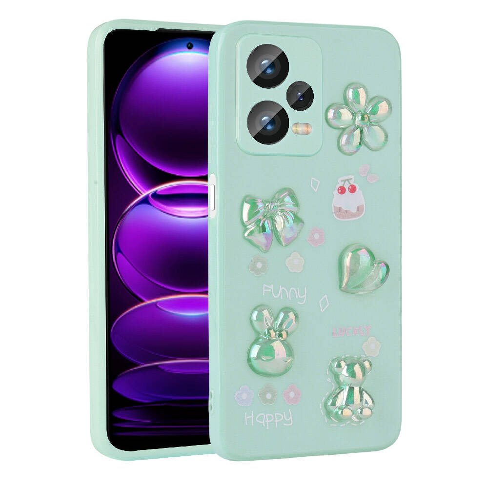 Xiaomi Redmi Note 12 Pro 5G Kılıf Kabartma Figürlü Parlak Zore Toys Silikon Kapak Açık Yeşil