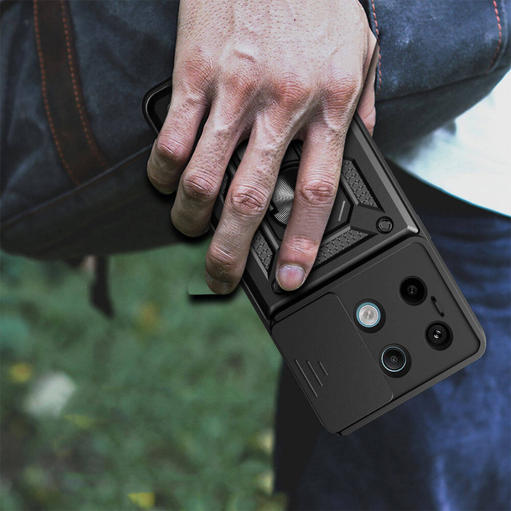 Xiaomi Redmi Note 13 Pro 5G Kılıf Magnetik Standlı Kamera Korumalı Zore Sürgülü Vega Kapak Siyah
