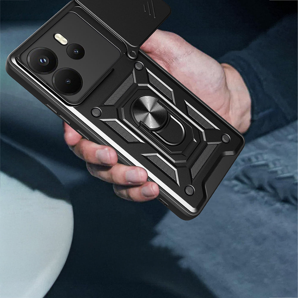 Xiaomi Redmi Note 14 4G Kılıf Magnetik Standlı Kamera Korumalı Zore Sürgülü Vega Kapak Mavi