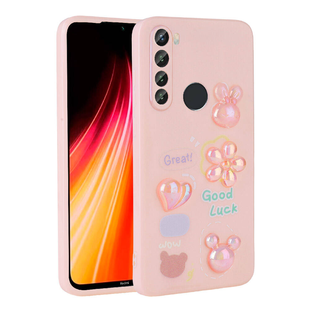 Xiaomi Redmi Note 8 Kılıf Kabartma Figürlü Parlak Zore Toys Silikon Kapak Pembe